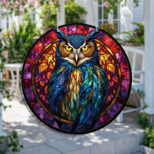 Night Owl Round Acrylic Multi-Coloured Hanging Ornament Indoor/Outdoor Garden Window Conservatory Plaque Ready To Hang Sunlight Decor