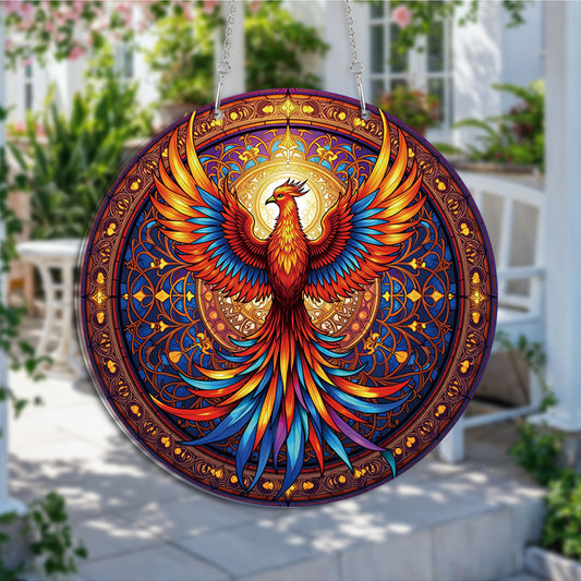 Mystic Phoenix Round Acrylic Multi-Coloured Hanging Ornament Indoor/Outdoor Garden Window Conservatory Plaque Ready To Hang Sunlight Decor