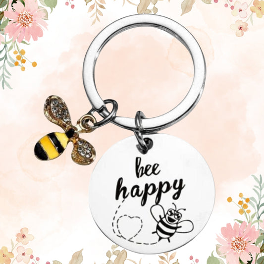 Bee Happy Engraved Keychain Bee Charm Motif Gift Present Metal Keyring For Friend Mother Aunt Daughter Niece Grandma For Birthday Special Occasion