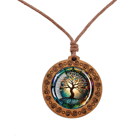 Boho Classic Tree Of Life Ethnic Spiritual Wooden Pendant Encased Glass Dome Bohemian Unisex Necklace Adjustable 45-86cm