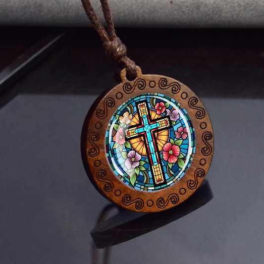 Boho Ethnic Cross Ethnic Spiritual Wooden Pendant Encased Glass Dome Bohemian Unisex Necklace Adjustable 45-86cm