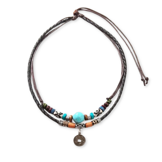 PU Leather Natural Boho Coin Necklace Pendant, Wooden & Metal Beads, Ethnic, Long Chain