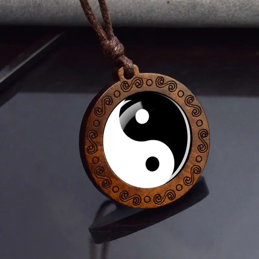 Boho Yin Yang Ethnic Spiritual Wooden Pendant Encased Glass Dome Bohemian Unisex Necklace Adjustable 45-86cm