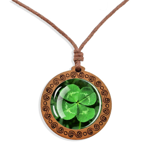 Boho Lucky Leaf Clover Shamrock Ethnic Spiritual Wooden Pendant Encased Glass Dome Bohemian Unisex Necklace Adjustable 45-86cm