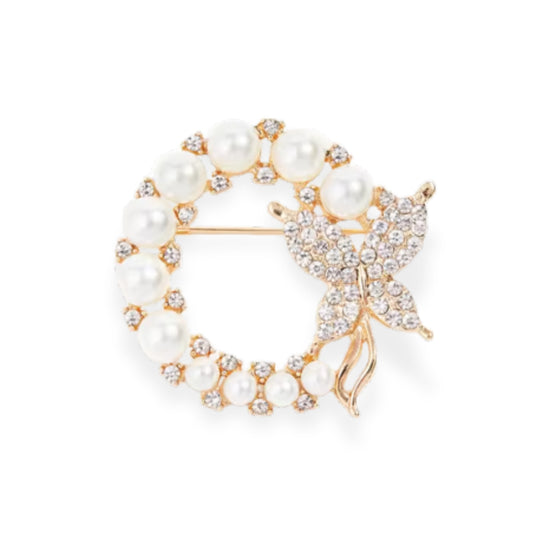Butterfly Brooch with Shiny Rhinestones & Pearls Clothing Lapel Pin 3.8 x 4.2cm