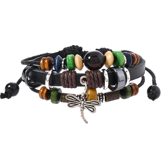 Ethnic Boho 3-Layer Multi-Coloured Beaded Leather Set Adjustable Bracelets with Butterfly Charm Gothic Steampunk Bohemian Unisex Wristband
