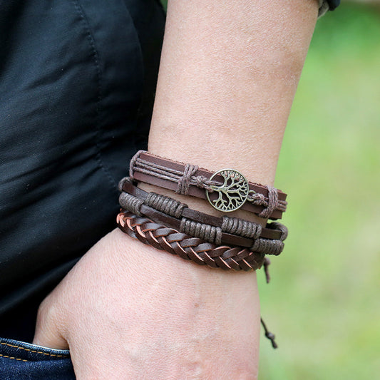 Ethnic Boho 3-Piece Set PU Leather Adjustable Bracelets with Tree of Life Charm Gothic Steampunk Bohemian Unisex Wristband in Brown