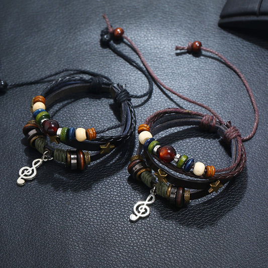 Ethnic Boho 4-Layer Multi-Coloured Beaded Leather Set Adjustable Bracelets with Music Note Charm Gothic Steampunk Bohemian Unisex Wristband