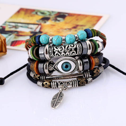 Ethnic Boho 4-Layer Multi-Coloured Beaded Leather Set Adjustable Bracelets with Leaf Charm Gothic Steampunk Bohemian Unisex Wristband