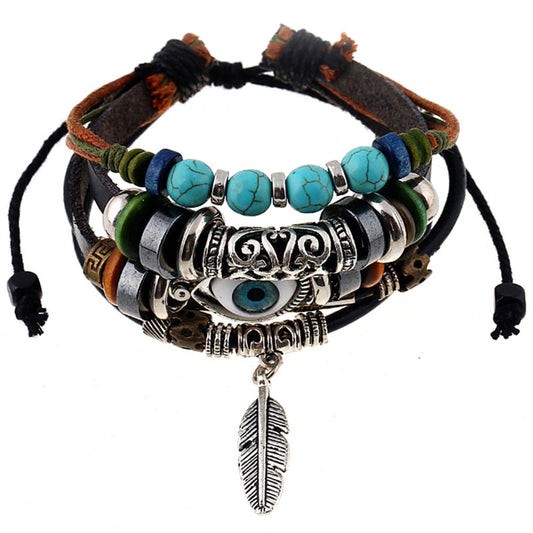 Ethnic Boho 4-Layer Multi-Coloured Beaded Leather Set Adjustable Bracelets with Leaf Charm Gothic Steampunk Bohemian Unisex Wristband