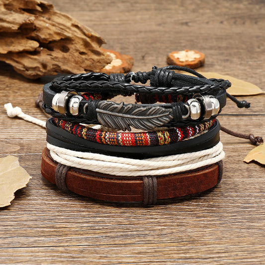Ethnic Boho 4-Piece Multi-Colour Leather Set Adjustable Bracelets with Feather Charm Gothic Steampunk Bohemian Unisex Wristband