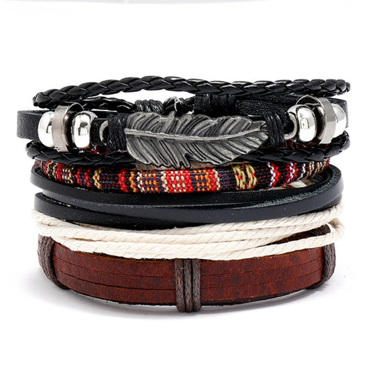 Ethnic Boho 4-Piece Multi-Colour Leather Set Adjustable Bracelets with Feather Charm Gothic Steampunk Bohemian Unisex Wristband