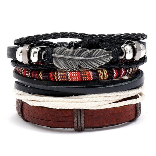 Ethnic Boho 4-Piece Multi-Colour Leather Set Adjustable Bracelets with Feather Charm Gothic Steampunk Bohemian Unisex Wristband
