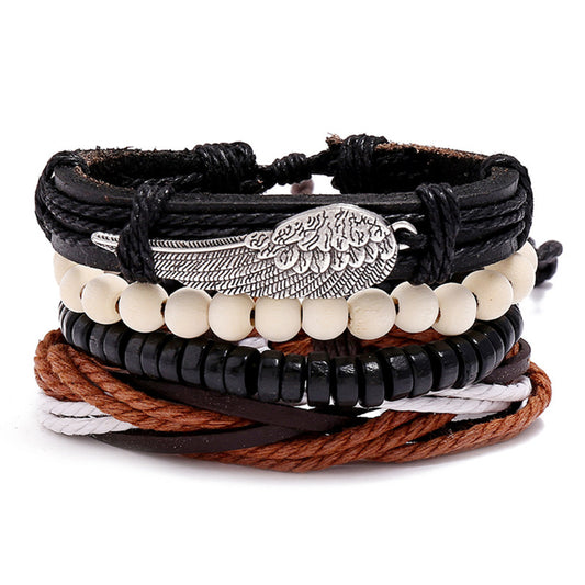 Ethnic Boho 4-Piece Multi-Colour Set PU Leather Adjustable Bracelets with Wing Charm Gothic Steampunk Bohemian Unisex Wristband