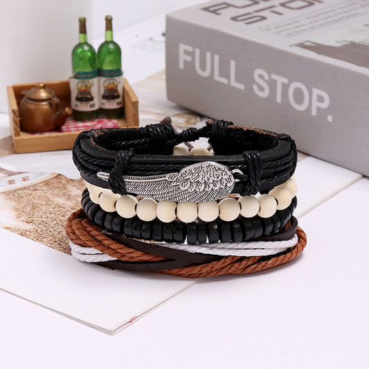 Ethnic Boho 4-Piece Multi-Colour Set PU Leather Adjustable Bracelets with Wing Charm Gothic Steampunk Bohemian Unisex Wristband