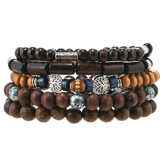 Ethnic Boho 5-Piece Set Wooden Beaded Bracelets with Tree of Life Charm Gothic Steampunk Bohemian Unisex Wristband