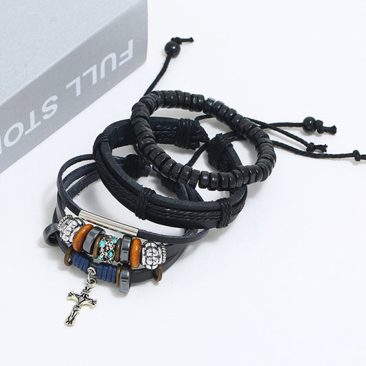 Ethnic Boho 5-Piece Leather Set Wooden & Metal Beaded Bracelets with Cross Charm Gothic Steampunk Bohemian Unisex Wristband