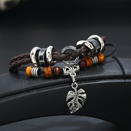 Ethnic Boho Layered Multi-Colour PU Leather Set Adjustable Bracelets with Leaf Charm Gothic Steampunk Bohemian Unisex Wristband