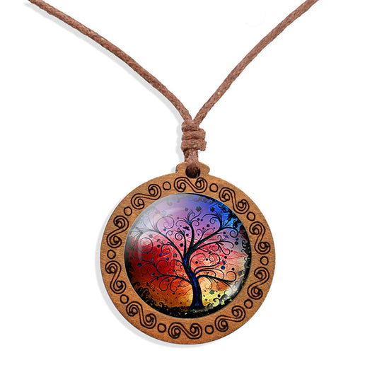 Quirky Multi Tree Of Life Ethnic Spiritual Wooden Pendant Encased Glass Dome Bohemian Unisex Necklace Adjustable 45-86cm