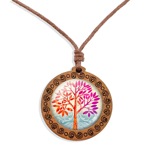 Azure Tree Of Life Ethnic Spiritual Wooden Pendant Encased Glass Dome Bohemian Unisex Necklace Adjustable 45-86cm