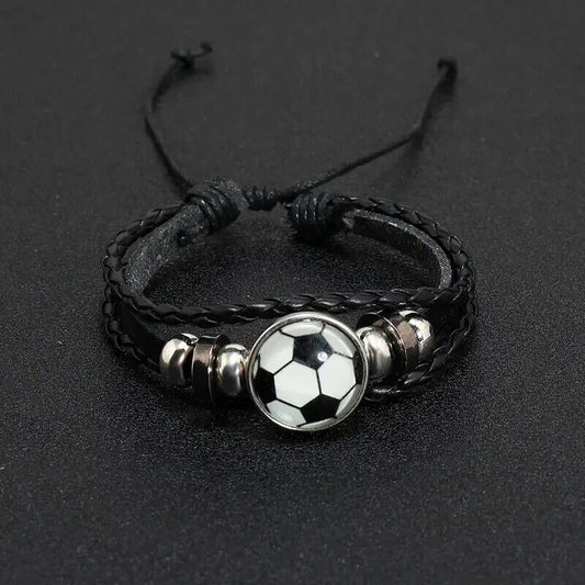 Unisex Leather Football Glass Charm Wristband Bracelet Weave Bangle Steampunk Bohemian Unisex Wristband