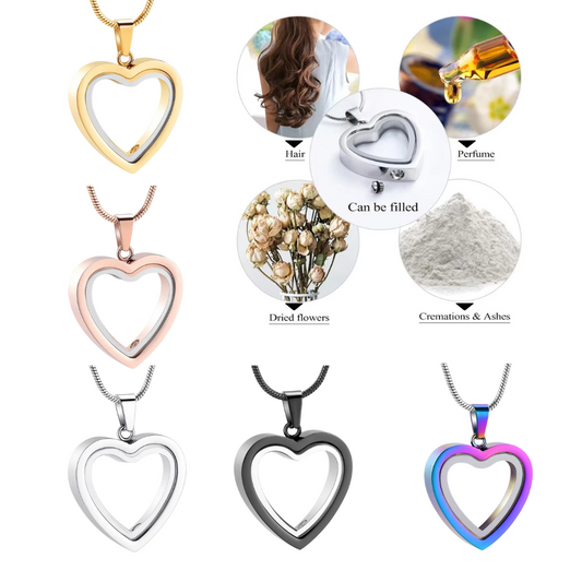 Glass Heart Cremation Jewellery Urn Necklace Pendant Ashes Locket Keepsake in Stainless Steel Gift For Loss Of Loved One Bereavement Sympathy Remembrance