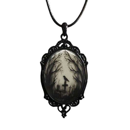 Gothic Raven Cross Witch Black Oval Forest Glass Pendant Halloween Punk Pendant Necklace