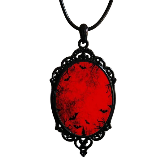 Gothic Vampire Bats Cross Witch Red Oval Glass Pendant Halloween Punk Pendant Necklace