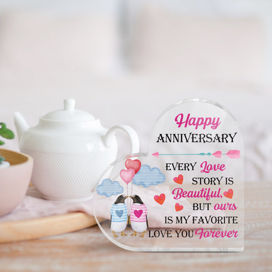 Happy Anniversary Penguin Design Heart-Shaped Block Acrylic Plaque Gift Free-Standing Sign Keepsake For Girlfriend Boyfriend Wife Husband Partner Couples For Birthday Valentine's Day Anniversary