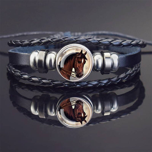 Unisex Leather Horse Glass Charm Wristband Bracelet Weave Bangle Steampunk Bohemian Unisex Wristband