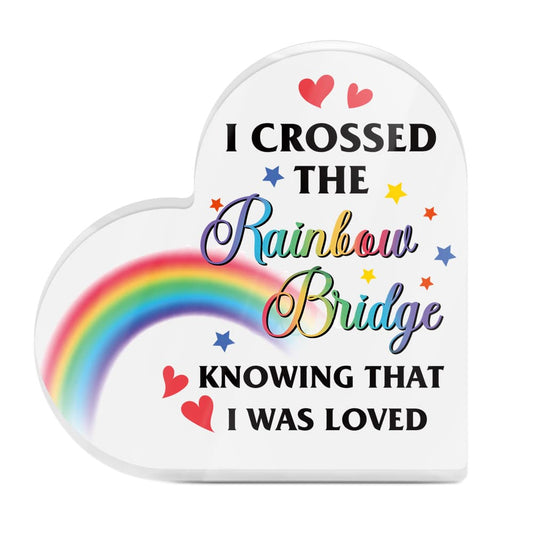 I Crossed The Rainbow Bridge Memorial Pet Dog Cat Heart-Shaped Block Acrylic Plaque Gift Free-Standing Sign Gifts Loss of Pet Bereavement Sympathy Remembrance In Memory of Pet Passed Away