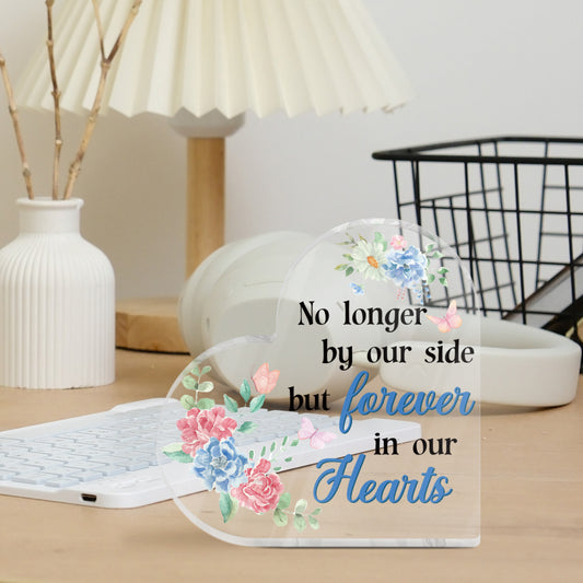 No Longer By Our Side Memorial Heart-Shaped Block Acrylic Plaque Gift Free-Standing Sign Keepsake Gifts For Loss Of Loved One Bereavement Sympathy Remembrance