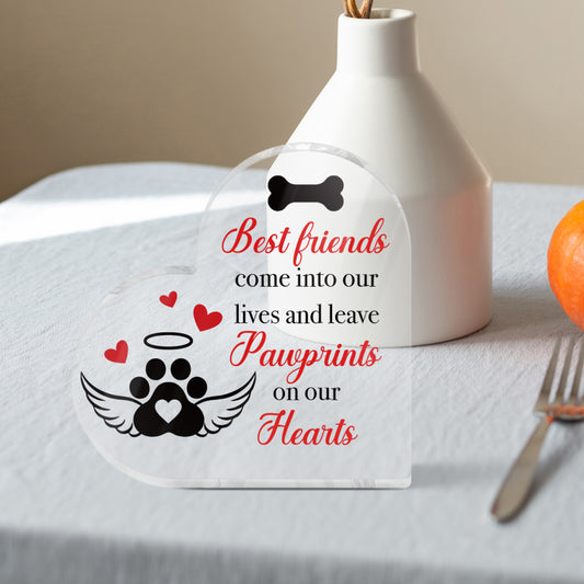 Pawprints On Your Heart Memorial Pet Dog Heart-Shaped Block Acrylic Plaque Gift Free-Standing Sign Keepsake For Loss of Pet Bereavement Sympathy Remembrance In Memory of Dog Passed Away