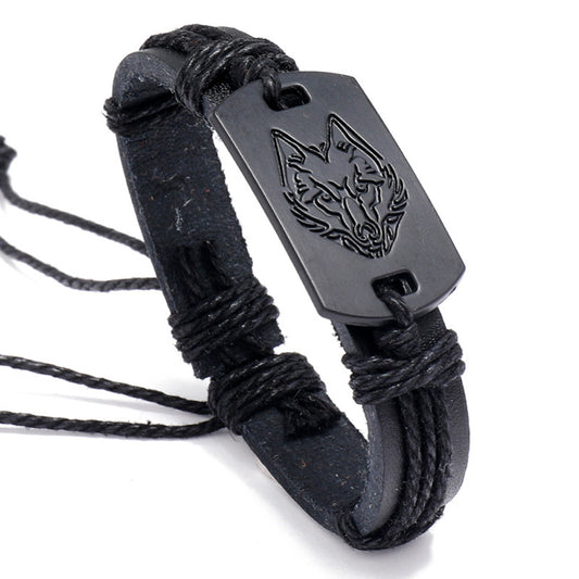 PU Leather Adjustable Punk Style Wolf Head Braided Bracelet Bangle Gothic Steampunk Bohemian Unisex Wristband