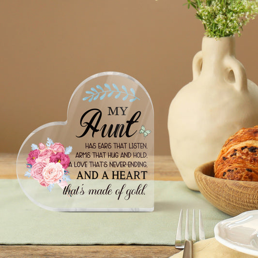 My Aunt Has Ears That Listen Heart-Shaped Block Acrylic Plaque Gift Free-Standing Sign Keepsake Floral Display Sentimental Gifts For Aunt Birthday From Niece