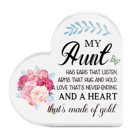 My Aunt Has Ears That Listen Heart-Shaped Block Acrylic Plaque Gift Free-Standing Sign Keepsake Floral Display Sentimental Gifts For Aunt Birthday From Niece