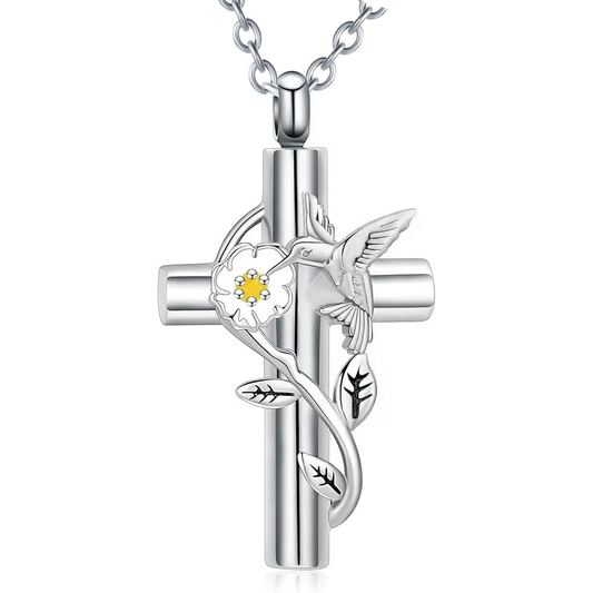 Hummingbird Cross Ashes Necklace Memorial Pendant Ashes Locket Cremation Urn Keepsake in Stainless Steel Gift For Loss Of Loved One Bereavement Sympathy Remembrance