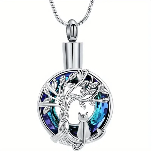Cat Tree Of Life Ashes Necklace Memorial Pendant Ashes Locket Cremation Urn Keepsake in Stainless Steel Gift For Loss Of Pet Bereavement Sympathy Remembrance