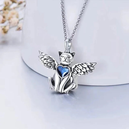 Cat Wings Pet Ashes Necklace Memorial Pendant Ashes Locket Cremation Urn Keepsake in Stainless Steel Gift For Loss Of Pet Bereavement Sympathy Remembrance
