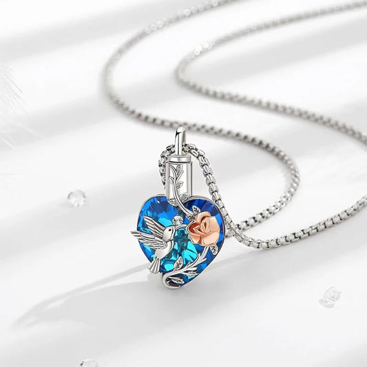 Hummingbird Heart Crystal Ashes Necklace Memorial Pendant Ashes Locket Cremation Urn Keepsake in Stainless Steel Gift For Loss Of Loved One Bereavement Sympathy Remembrance