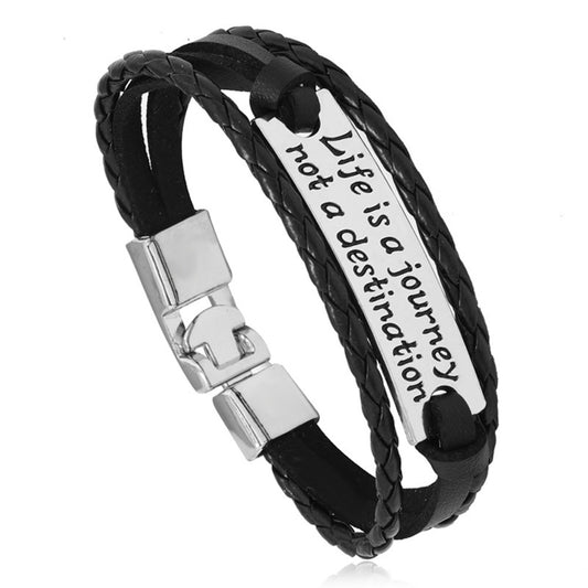 PU Leather Boho Engraved Life Is A Journey Not A Destination Bangle Bracelet Gothic Steampunk Bohemian Unisex Wristband