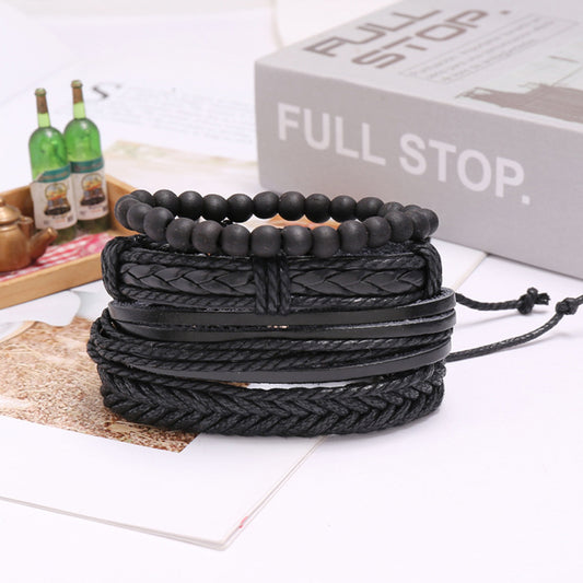 PU Leather Ethnic Boho 4-Piece Beaded Woven Simple Set Adjustable Bracelets Gothic Steampunk Bohemian Unisex Wristband in Black