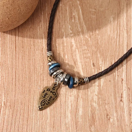 PU Leather Natural Boho Arrow Head Necklace Pendant Wooden & Metal Beads Ethnic Long Chain Unisex Adjustable Necklace