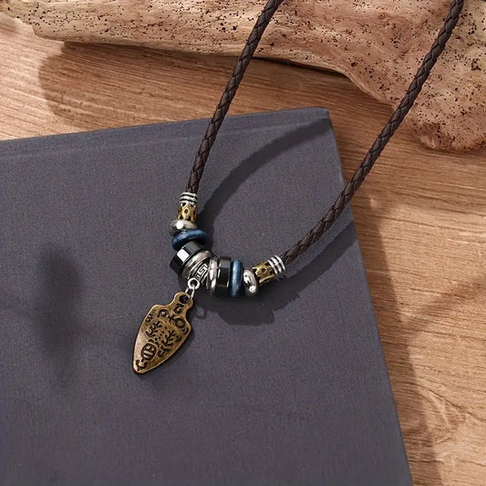 PU Leather Natural Boho Arrow Head Necklace Pendant Wooden & Metal Beads Ethnic Long Chain Unisex Adjustable Necklace