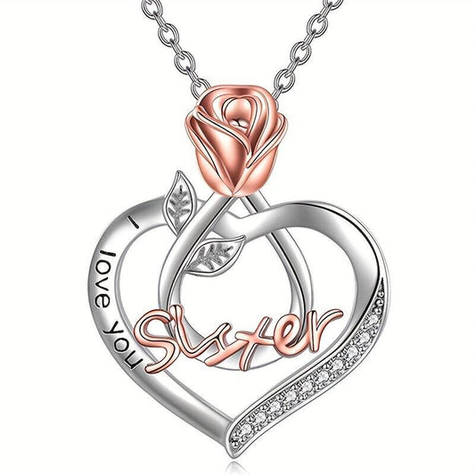Silver Rose Gold Sister Heart-Shaped Rose I Love You Pendant Necklace For Sister Best Sis For Birthday Graduation Special Occasion