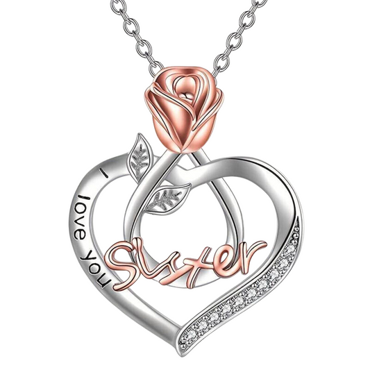 Silver Rose Gold Sister Heart-Shaped Rose I Love You Pendant Necklace For Sister Best Sis For Birthday Graduation Special Occasion