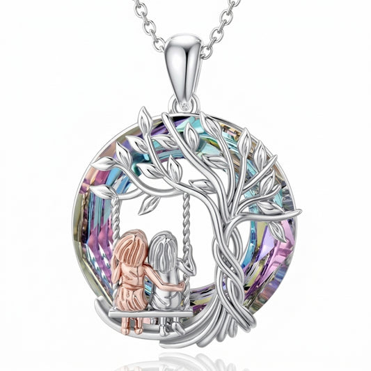 Tree Of Life Sisters Friends Mother & Daughter On A Swing Purple Blue Crystal Round Pendant Charm Necklace Gift For Sister Friend Mother Daughter For Birthday Special Occasion