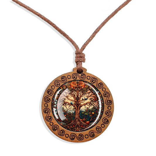 Boho Leafy Tree Of Life Ethnic Spiritual Wooden Pendant Encased Glass Dome Bohemian Unisex Necklace Adjustable 45-86cm
