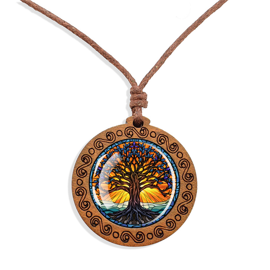 Boho River Tree Of Life Ethnic Spiritual Wooden Pendant Encased Glass Dome Bohemian Unisex Necklace Adjustable 45-86cm