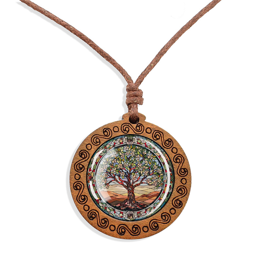 Boho Mountain Tree Of Life Ethnic Spiritual Wooden Pendant Encased Glass Dome Bohemian Unisex Necklace Adjustable 45-86cm